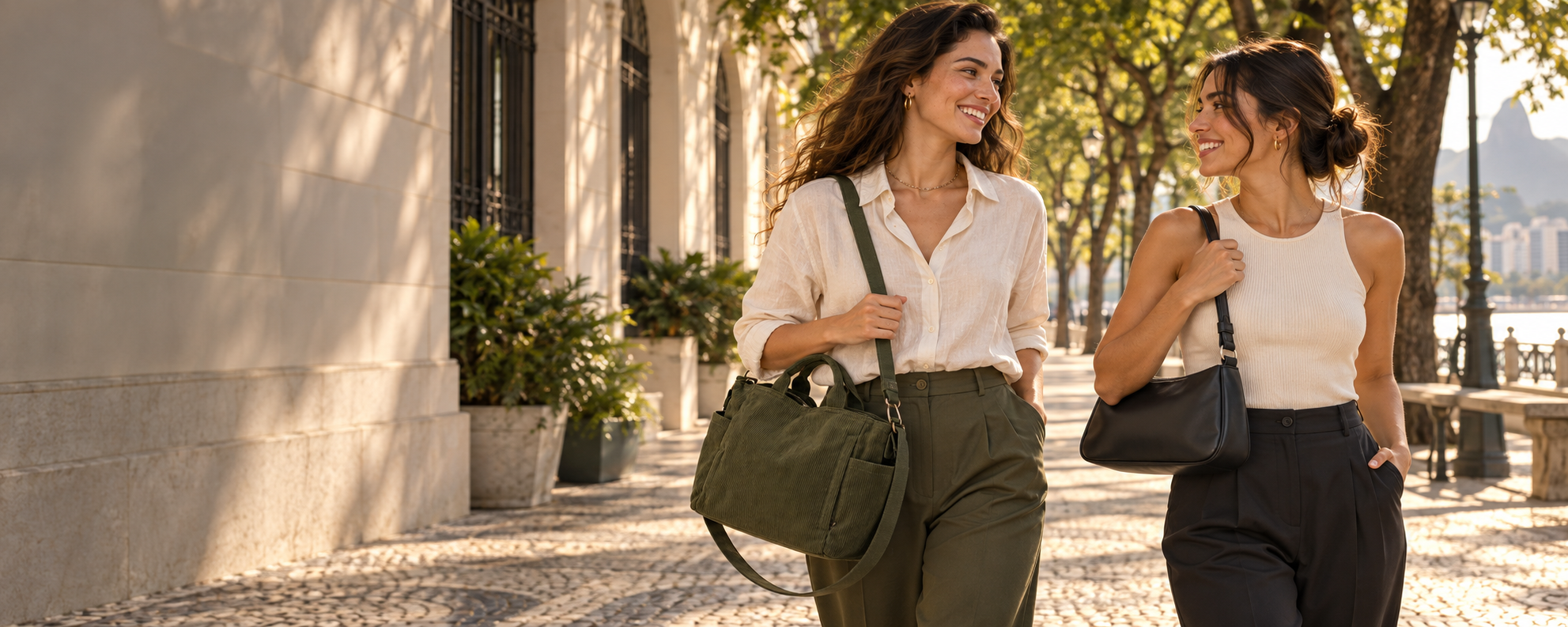 Campanha editorial ilustrativa com as bolsas Alba verde e Margot preta em passeio urbano
